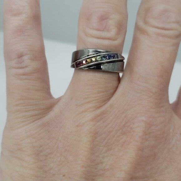 Equalli Mexico Ring Silver Rhodium Rainbow Sapphires Pave...